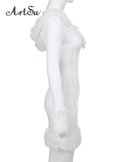 Lady Glams Kawaii Cute Furry White Bodycon Mini Dress