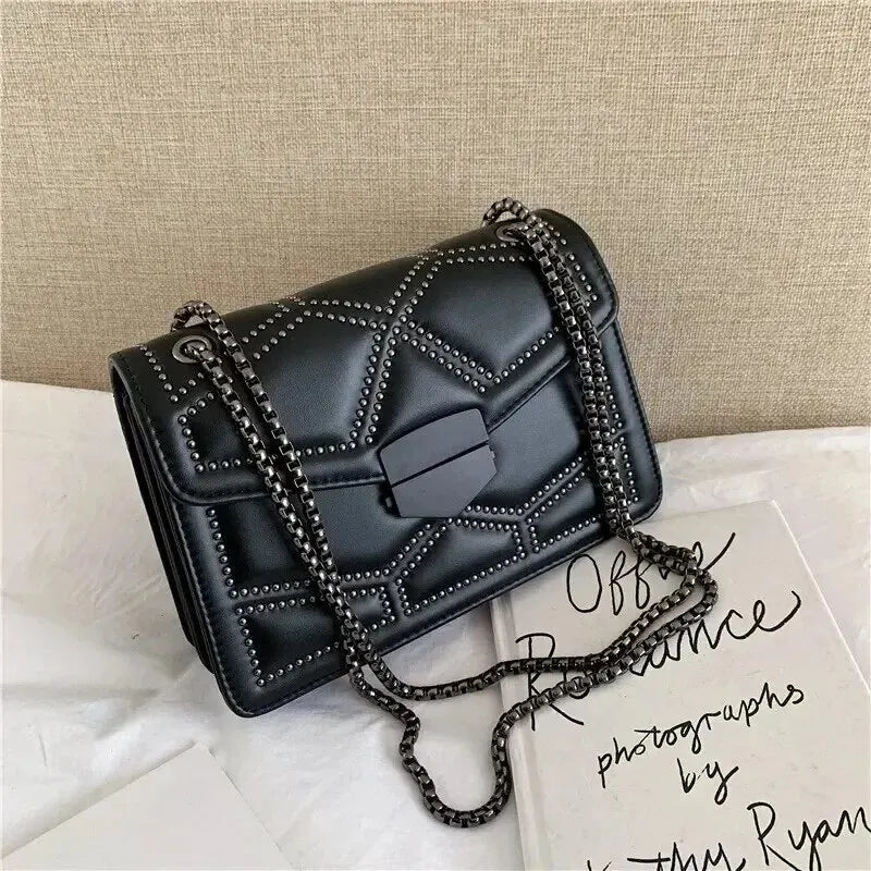 Lady Glams Vintage Rivet Chain Small Shoulder Bag - Women’s PU Leather Fashion Square Crossbody Designer Handbag