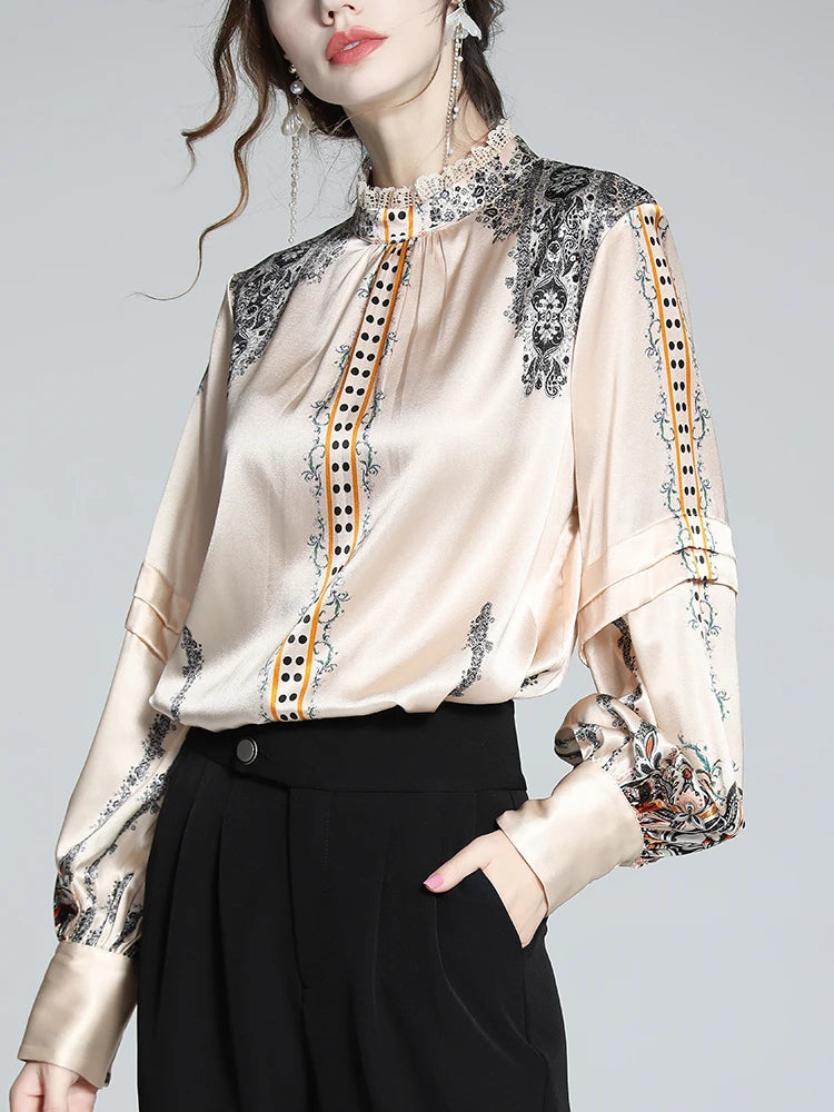 EVNISI French Printed Silk Satin Blouse - England Style