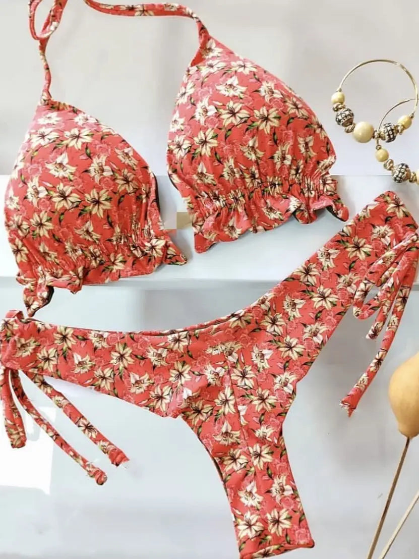 Damen Triangel-Bikini mit Blumenmuster, String-Bikini-Set, zweiteiliger Badeanzug, Badeanzüge