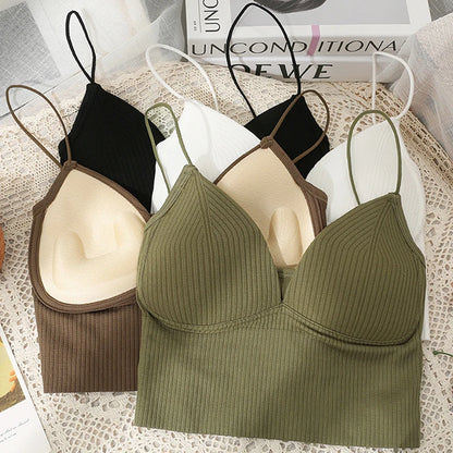 Lady Glams V-Neck Camisole Women Sexy Stretch Push Up Bra with Chest Pads Knitted Crop Top for Female Short Tube Top Tops Bralette