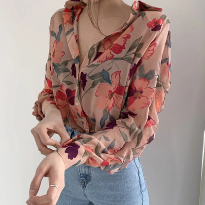 Wisremt Floral Elegance - V-Neck Chiffon Shirt Blouse