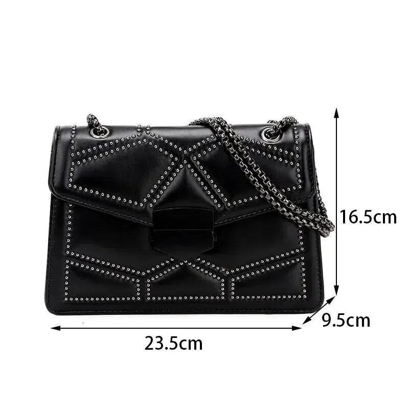 Lady Glams Vintage Rivet Chain Small Shoulder Bag - Women’s PU Leather Fashion Square Crossbody Designer Handbag