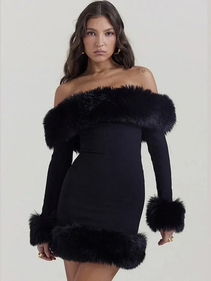 TiLeewon Lady Glams Off Shoulder Fur Patchwork Schwarzes Kleid: Eleganz trifft auf gewagte Mode