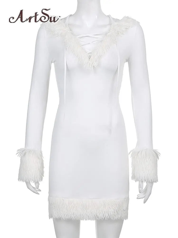 Lady Glams Kawaii Cute Furry White Bodycon Mini Dress