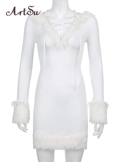 Lady Glams Kawaii Cute Furry White Bodycon Mini Dress