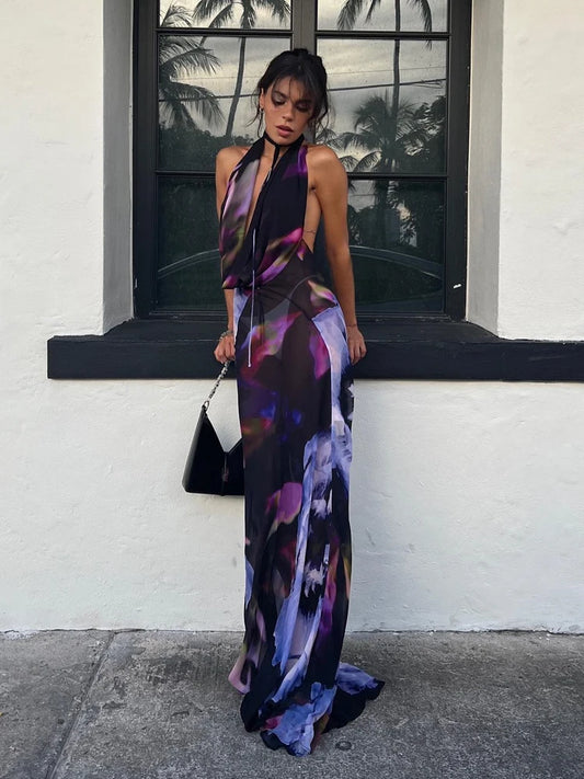 Alinemyer Backless Maxi Dress: Women’s Sexy Purple Print Halter Bodycon Summer Beach Outfit and Elegant Sleeveless Club Party Dress