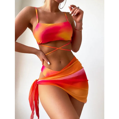 Women’s Tie Dyed Split Bikini Sexy Hip Lifting Mesh Gradient Beach Three Piece Set Cross Swimwear Girl