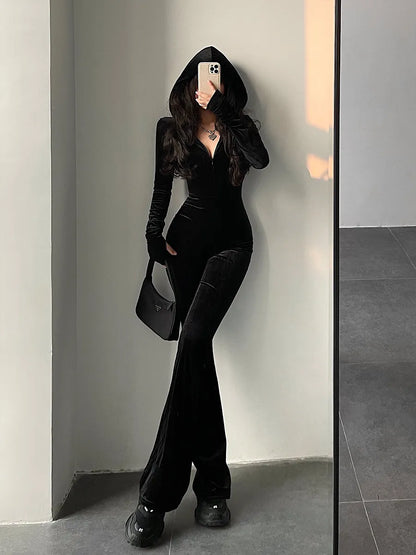 Lady Glams Fashion Black Velvet Slim Flare Pants Jumpsuit