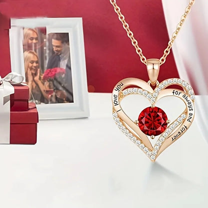 Lady Glams Luxury Red Zircon Heart Pendant Necklace with Rose Flower Gift Box