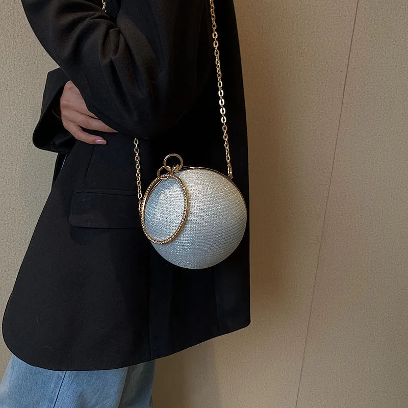 Lady Glams Circular Ring Evening Bag - Elevate Your Elegance with Metal Silver Round Ball Handbags