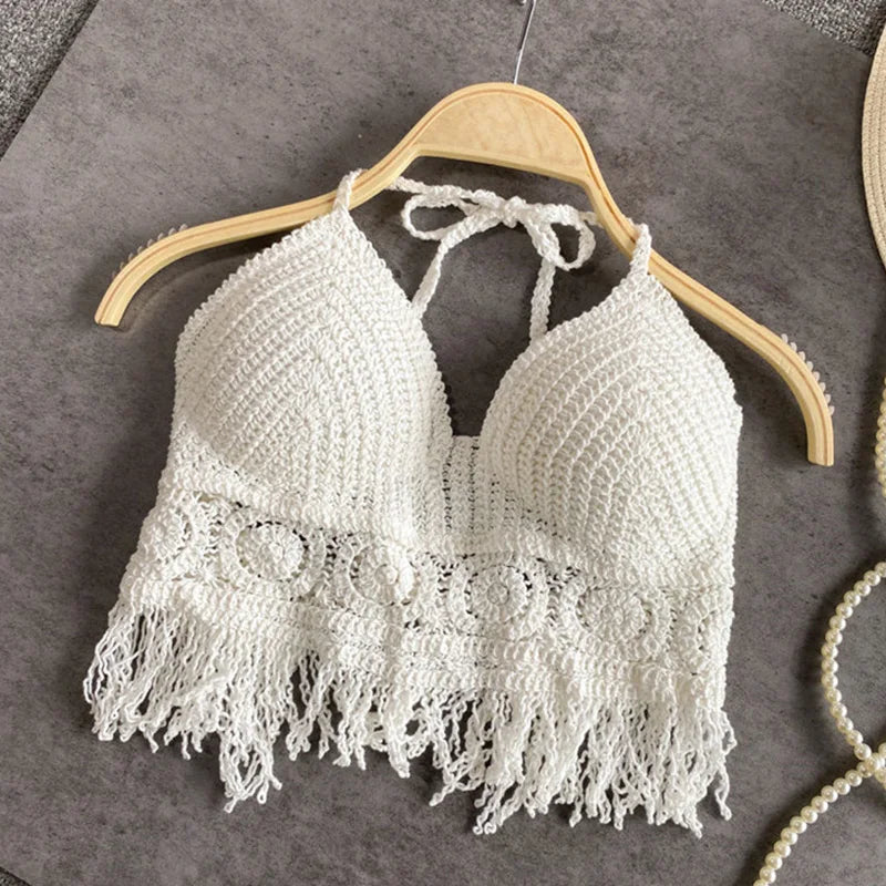 Sexy Boho Beach Holiday Camisole Halter Women Crochet Knit Swimsuit Bra Backless Vest Hollow Tassel Tank Top - Lady glams Summer Beachwear