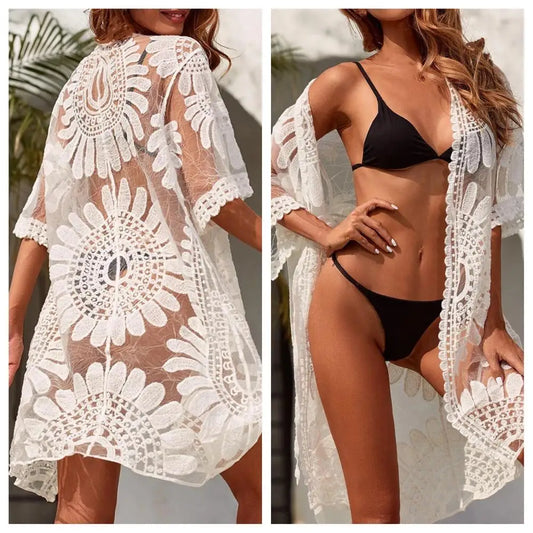 Lady Glams Flower Lace Cover-Up - White Cardigan Beachwear for Women