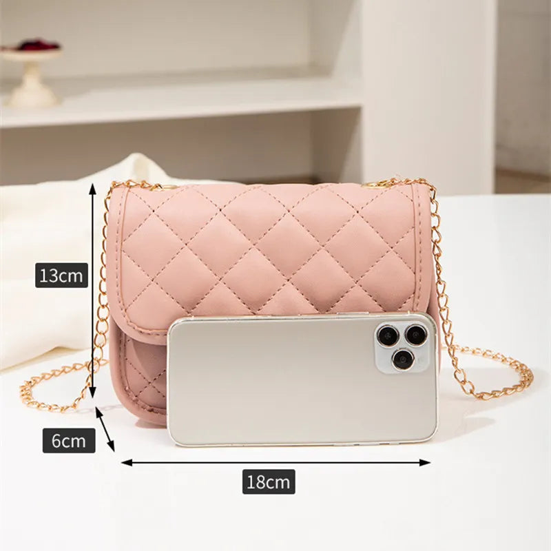 Lady Glams 2024 New Fashion Female Shoulder Bag - Rhombus Embroidered Solid Color Chain Crossbody Phone Bag