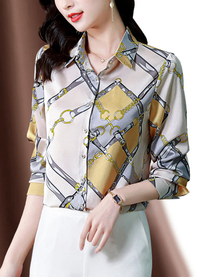 Lady Glams 2024 Autumn Elegance - Satin Long Sleeve Blouse with Vintage Floral Printing