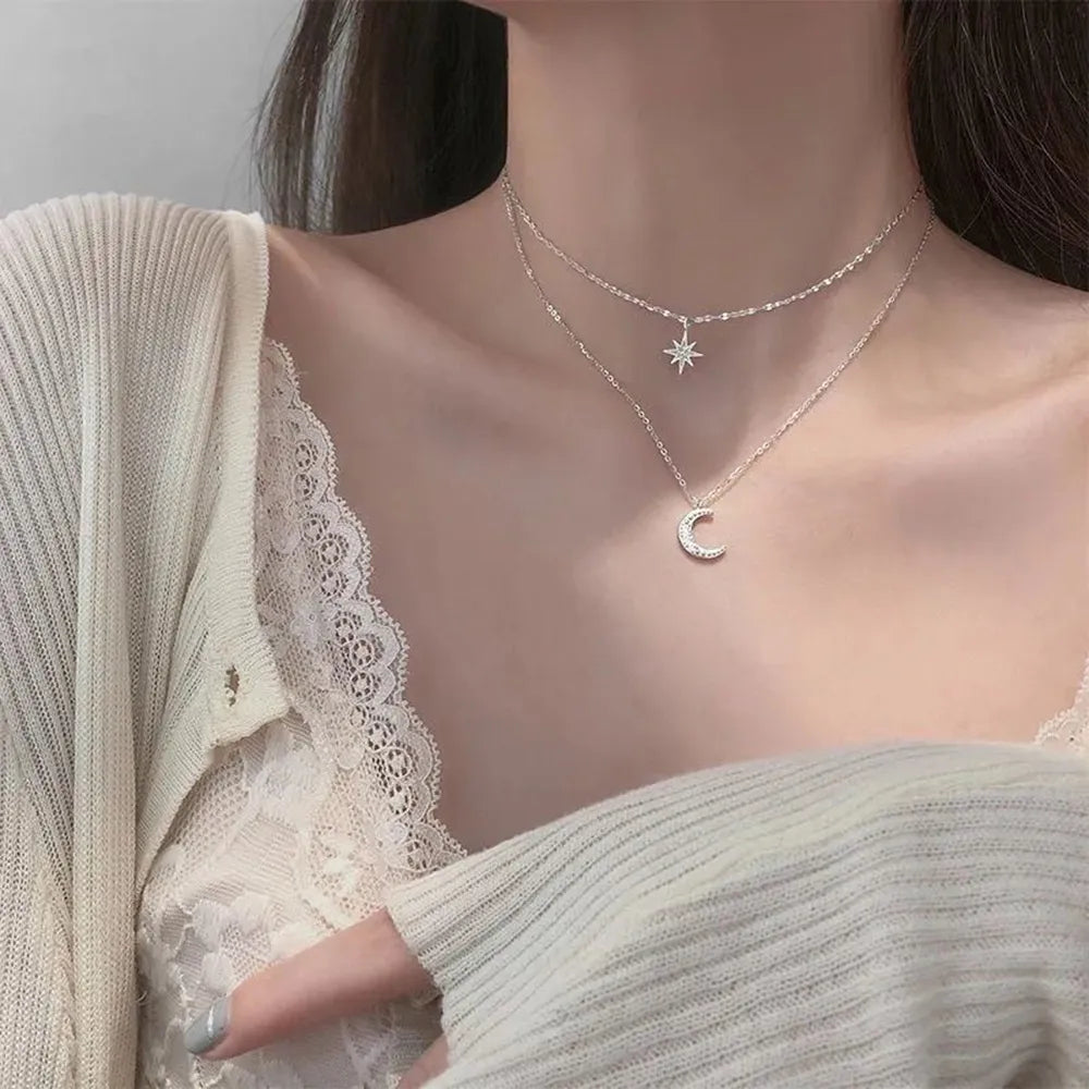 SUMENG 2024 Double Layer Star Moon Charm Necklace: Multilayered Delicate Clavicle Chain for Women