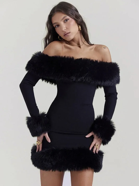 TiLeewon Lady Glams Off Shoulder Fur Patchwork Black Dress: Elegance Meets Bold Fashion