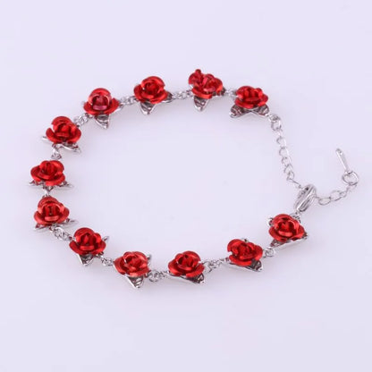 Lady Glams Romantic Adjustable Red Rose Link Chain Bracelet - Fashion Valentine Gift for Women