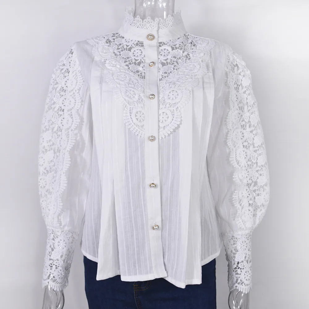 Owner Girl Stand Collar Lace Patchwork Shirts - Elegance Redefined