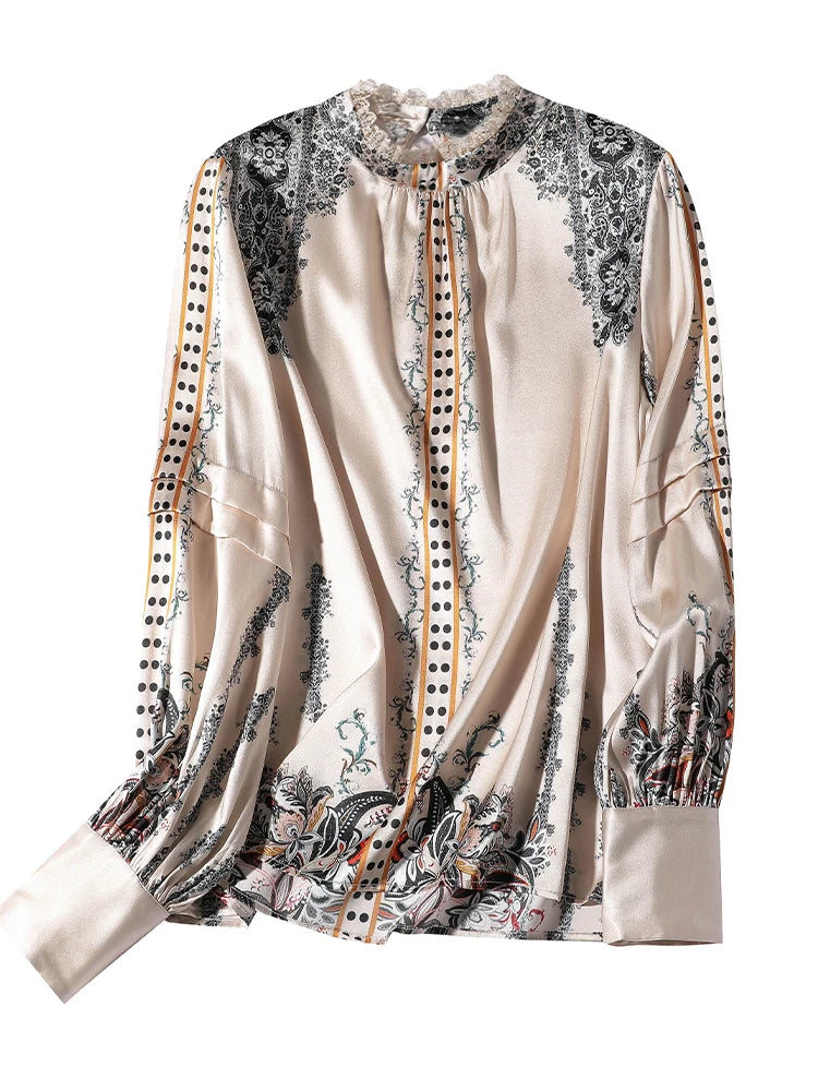 EVNISI French Printed Silk Satin Blouse - England Style