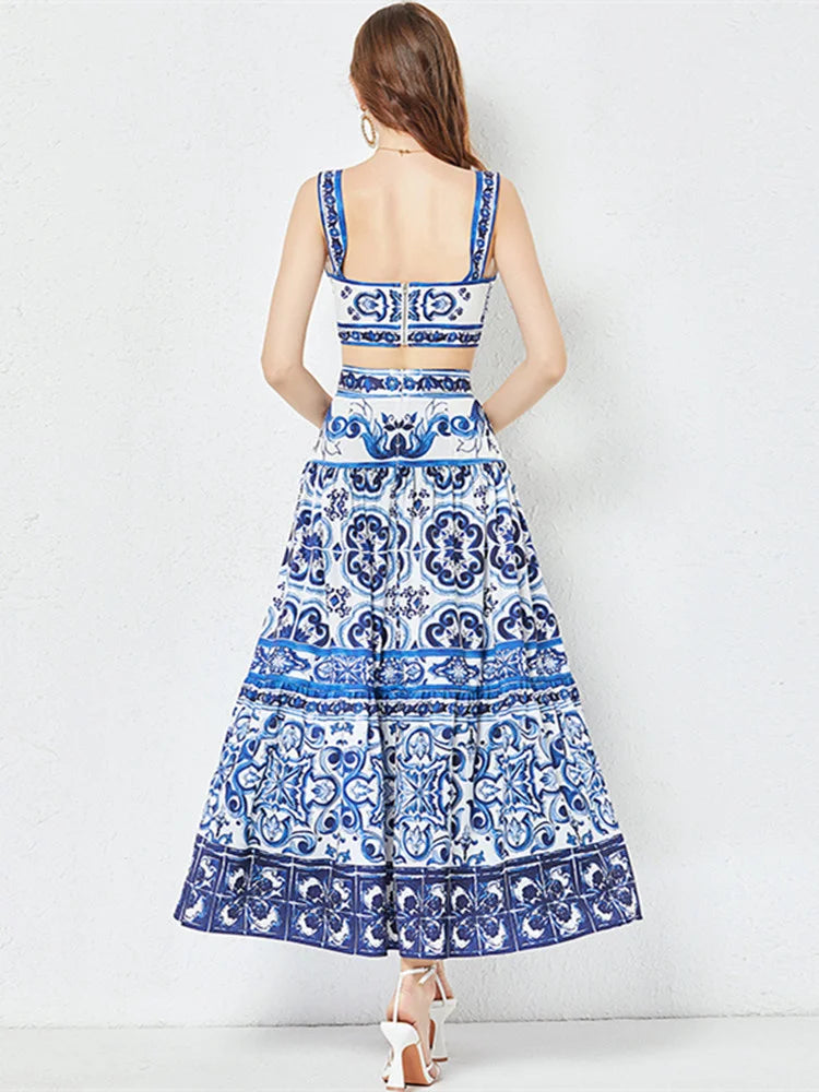 JAMERARY Summer Runway Blue And White Porcelain Two Piece Set Women Flower Print Short Crop Top + Holiday Beach Maxi Skirt Suits - Buy Online at Best Prices