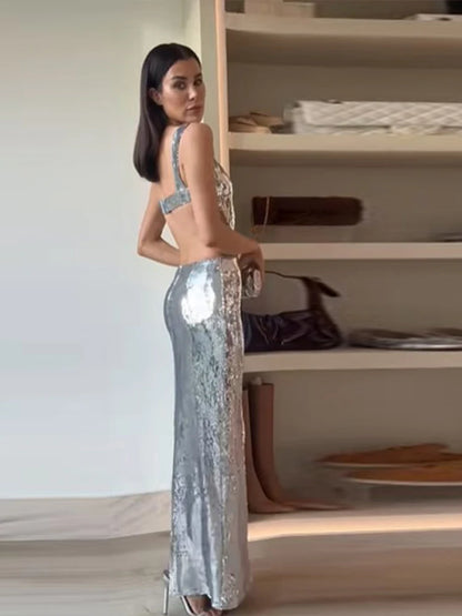 Radiant Elegance in Silver - Lady Glams Sexy Sling Backless Maxi Dress