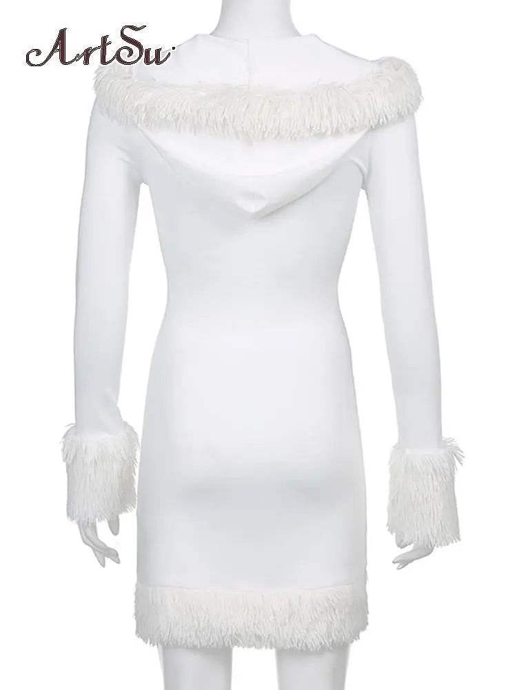 Lady Glams Kawaii Cute Furry White Bodycon Mini Dress