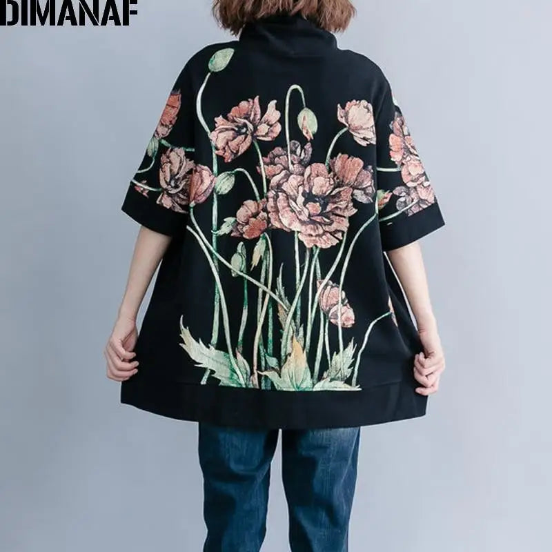 DIMANAF Plus Size Turtleneck Pullover with Floral Print for Women