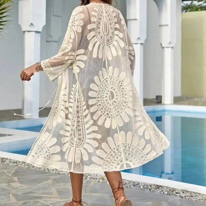 Lady Glams Flower Lace Cover-Up - White Cardigan Beachwear for Women