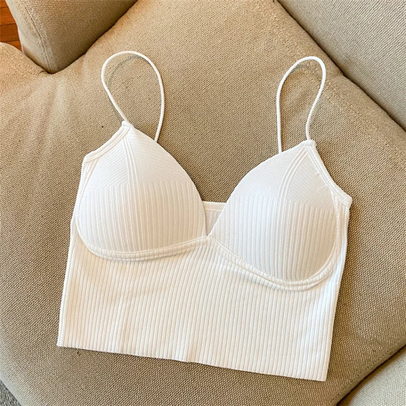 Lady Glams V-Neck Camisole Women Sexy Stretch Push Up Bra with Chest Pads Knitted Crop Top for Female Short Tube Top Tops Bralette