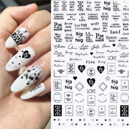 Lady Glams 3D-Nagelaufkleber mit Ahornblatt in Schwarz und Weiß, Nagelkunst-Dekoration, geometrisches Herz, englisches Alphabet, Nagelkunst-Abziehbilder, Nagelschieber