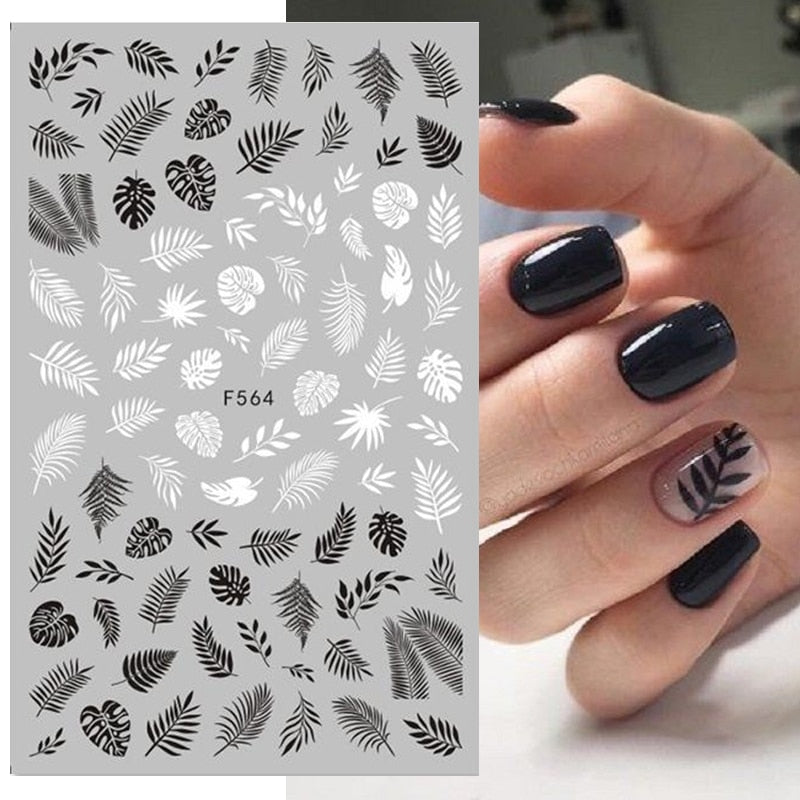 Lady Glams 3D Black and White Maple Leaf Nail Stickers Nail Art Decoration Geometric Heart English Alphabet Nail Art Decals Nail Slider