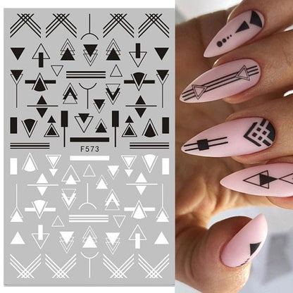 Lady Glams 3D-Nagelaufkleber mit Ahornblatt in Schwarz und Weiß, Nagelkunst-Dekoration, geometrisches Herz, englisches Alphabet, Nagelkunst-Abziehbilder, Nagelschieber