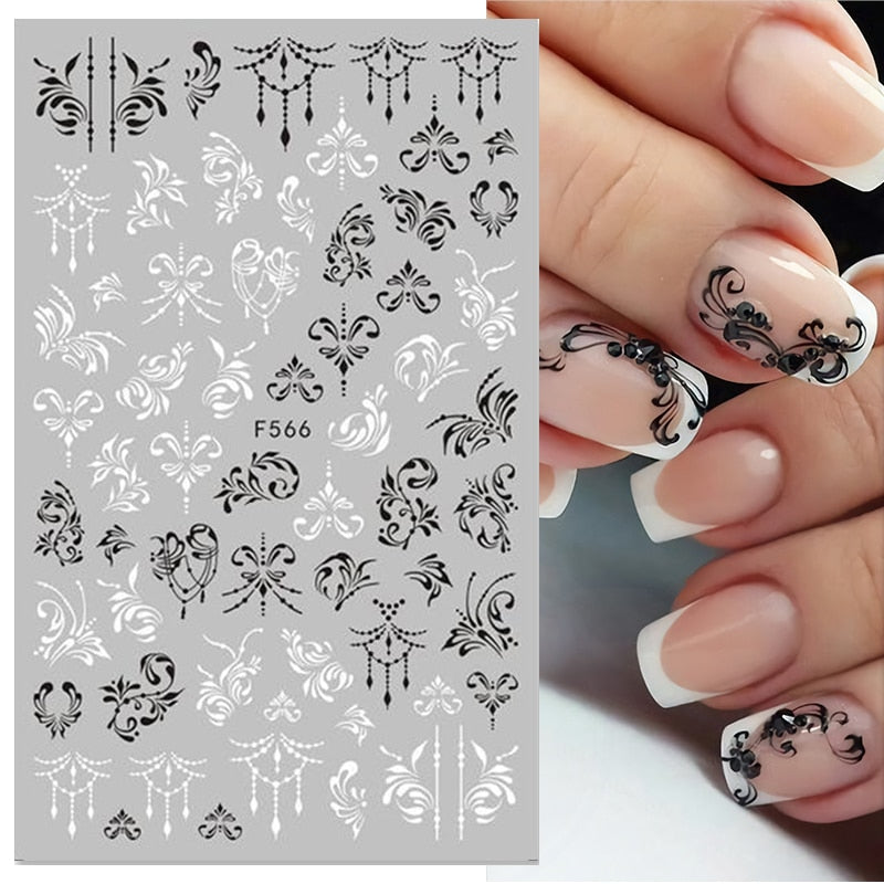 Lady Glams 3D-Nagelaufkleber mit Ahornblatt in Schwarz und Weiß, Nagelkunst-Dekoration, geometrisches Herz, englisches Alphabet, Nagelkunst-Abziehbilder, Nagelschieber