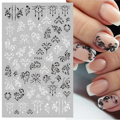 Lady Glams 3D-Nagelaufkleber mit Ahornblatt in Schwarz und Weiß, Nagelkunst-Dekoration, geometrisches Herz, englisches Alphabet, Nagelkunst-Abziehbilder, Nagelschieber