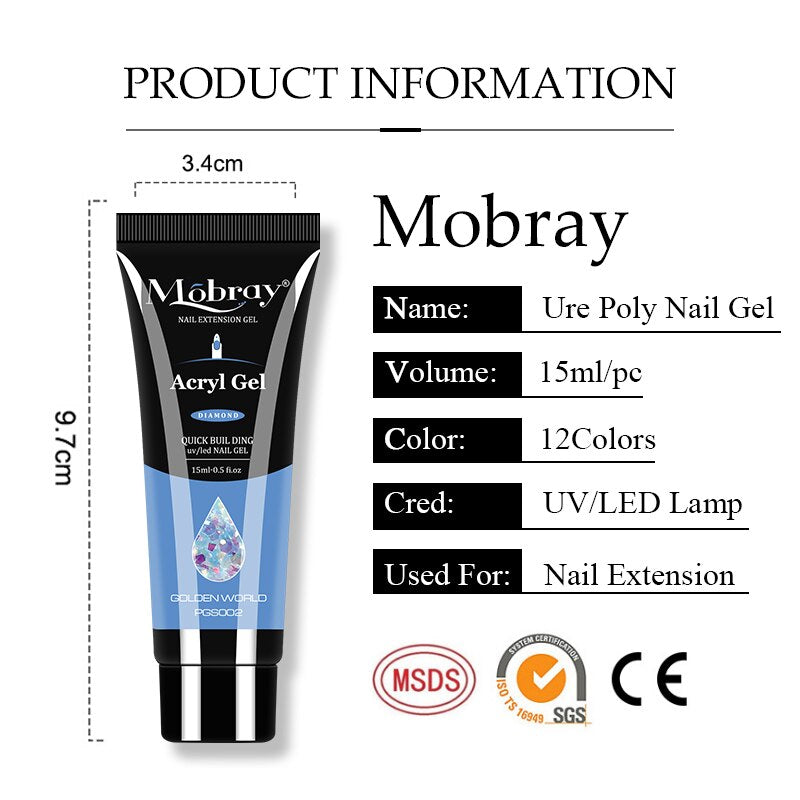 Lady Glams Mobray Poly Extension Gel Set - Nail Tip Form Crystal UV Gel Slice Brush Nail Art Tools