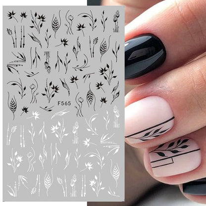 Lady Glams 3D Black and White Maple Leaf Nail Stickers Nail Art Decoration Geometric Heart English Alphabet Nail Art Decals Nail Slider